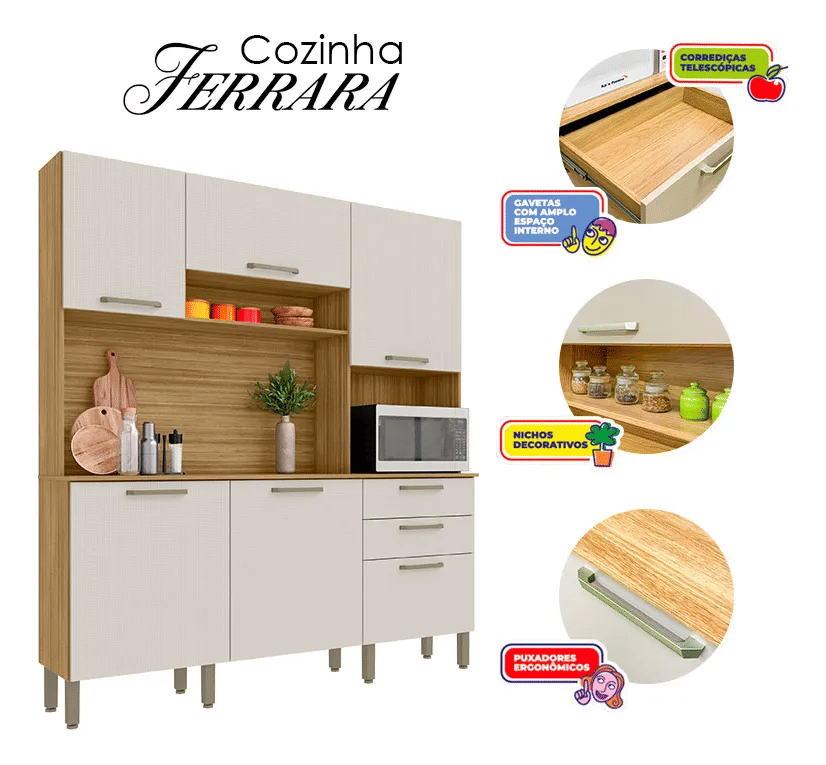 Armário de Cozinha Kit 6 Portas 2 Gavetas Ferrara Kits Paraná Freijo/Soft