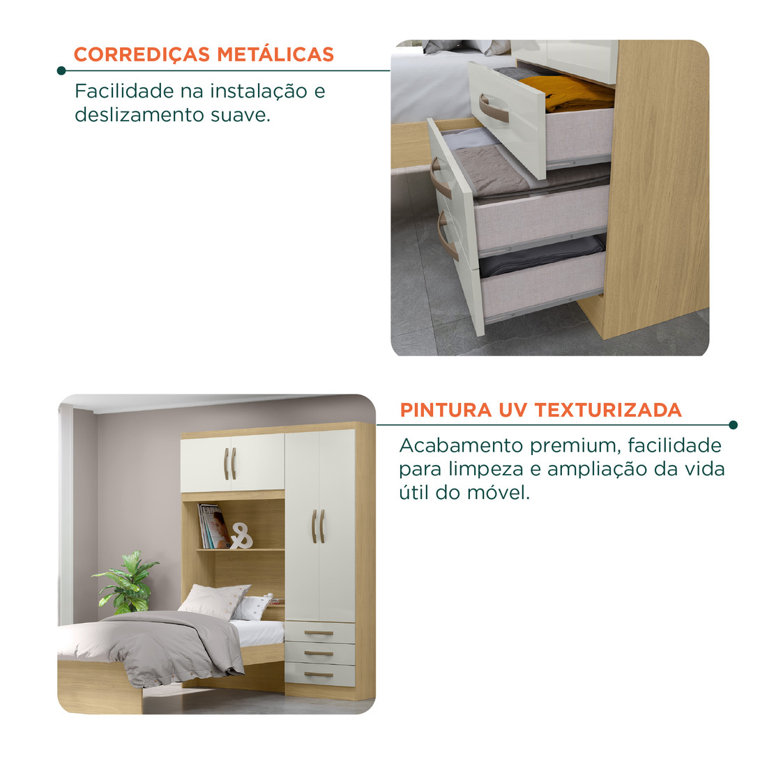 Guarda-Roupa Solteiro Com Cama 4 Portas MX Móveis Lisboa Havana/Off White Guarda-Roupa Solteiro Com Cama 4 Portas MX Móveis Lisboa Havana/Off White