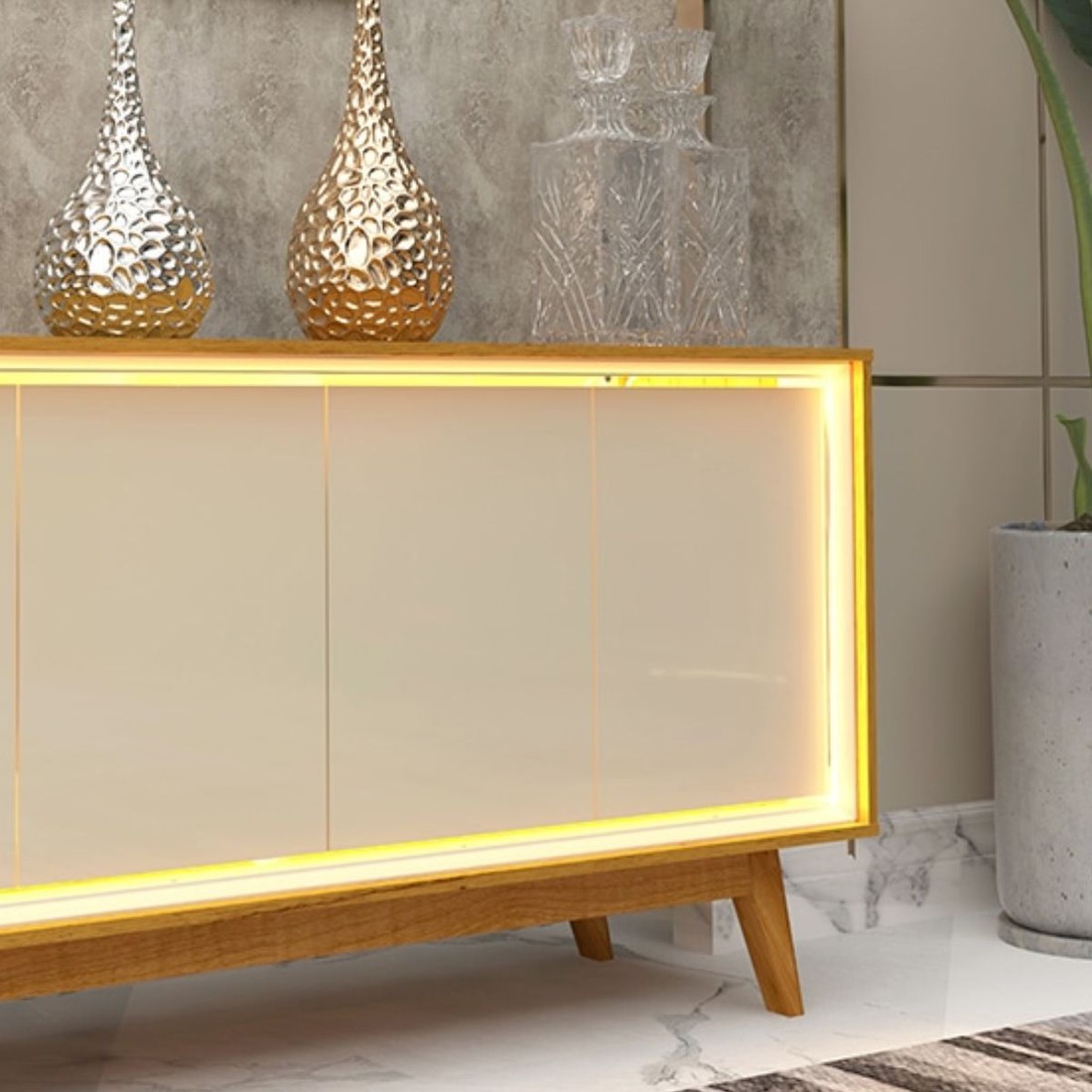 Buffet 160 Requinte 4 Portas 100% MDF Com Pés Madeira Naturale Off Gelius