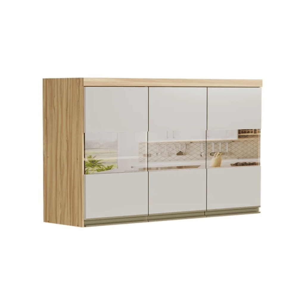 Armário Aéreo P/ Cozinha Chardonnay 3 Portas C/ Vidro Reflecta 120cm Amendoa/off White - Ronipa