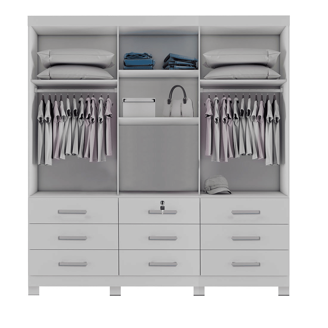 Guarda-Roupa Casal Athenas com Espelho 3 Portas 9 Gavetas Branco - Bianchi