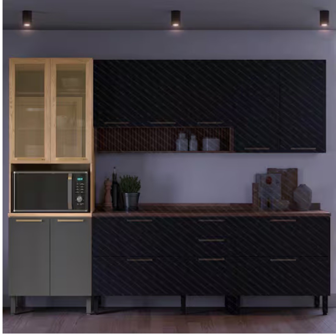 Paneleiro Torre Quente Avelã 70 cm 4 Portas, 02 com Vidro Reflecta, Telasul - Mel/Grafite Paneleiro Torre Quente Avelã 70 cm 4 Portas, 02 com Vidro Reflecta, Telasul - Mel/Grafite