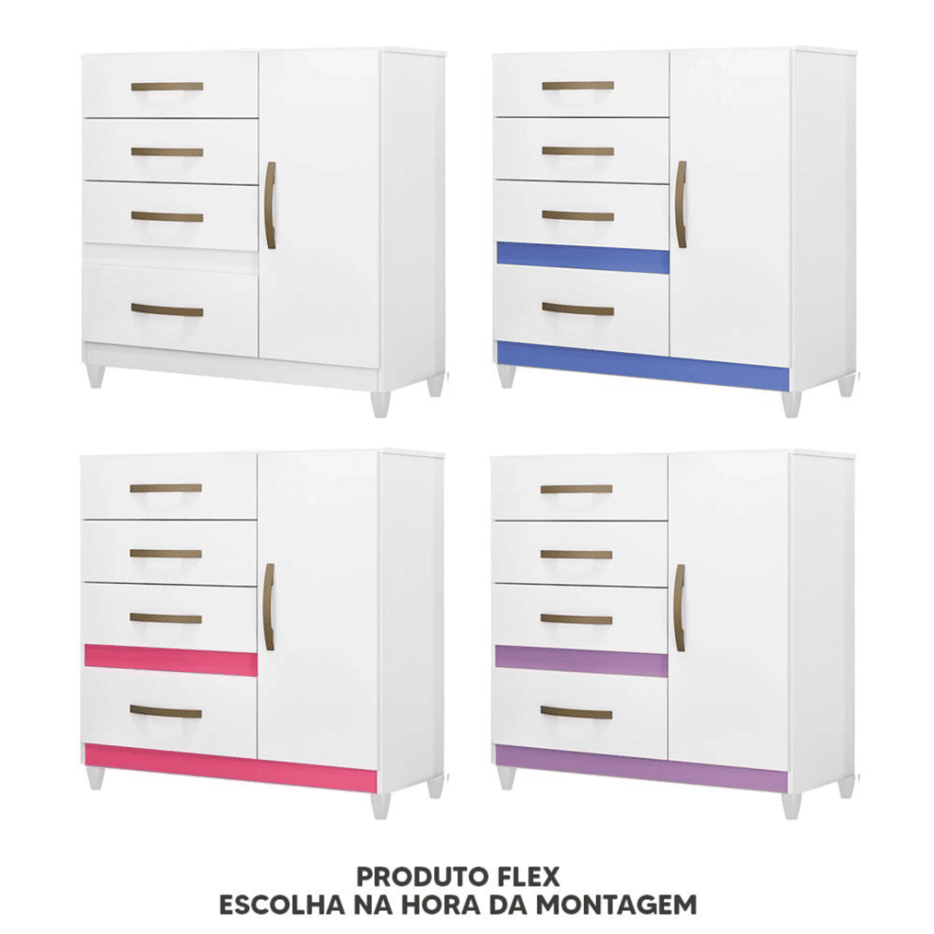 Cômoda para Quarto Com 4 Gavetas 1 Porta Moval Vênus Flex Branco/Rosa/Lilás Cômoda para Quarto Com 4 Gavetas 1 Porta Moval Vênus Flex Branco/Rosa/Lilás