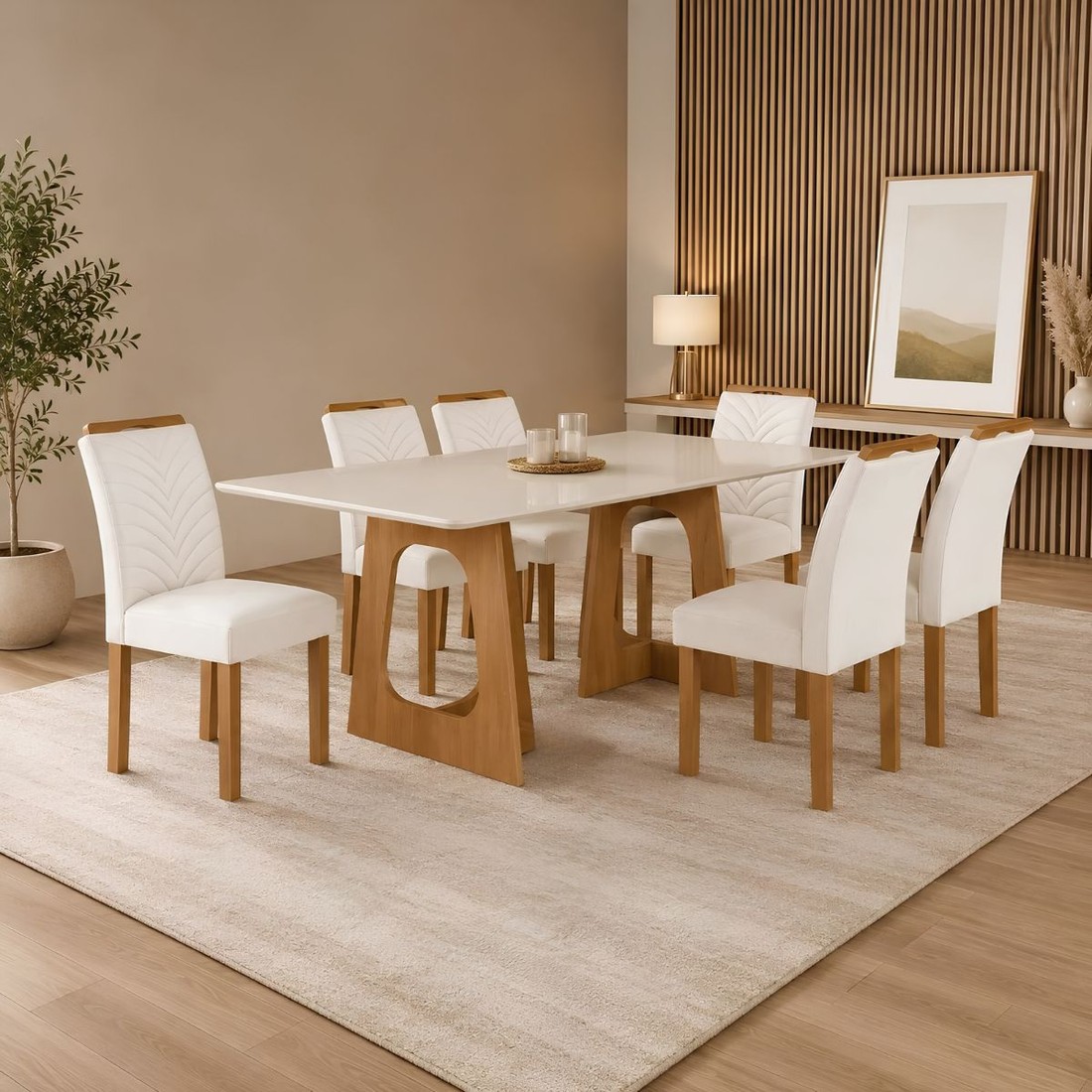 Conjunto Mesa 6 Cadeiras Cel Moveis Cancun Retangular 170x90 Tampo Smart Plus com Vidro Off/Cinamomo Conjunto Mesa 6 Cadeiras Cel Moveis Cancun Retangular 170x90 Tampo Smart Plus com Vidro Off/Cinamomo