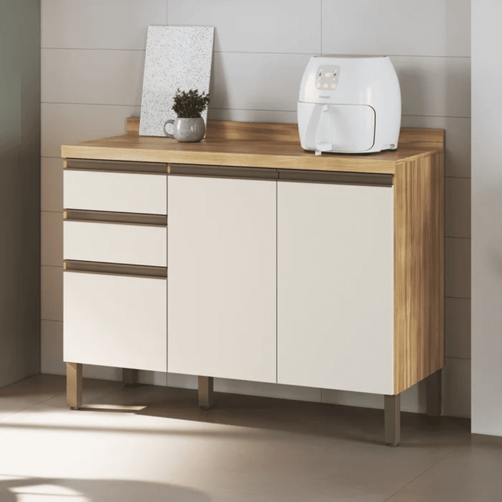 Balcão de Cozinha com Tampo 3 Portas 2 Gavetas em MDF Ronipa Chardonnay Amendoa/Off White Balcão de Cozinha com Tampo 3 Portas 2 Gavetas em MDF Ronipa Chardonnay Amendoa/Off White