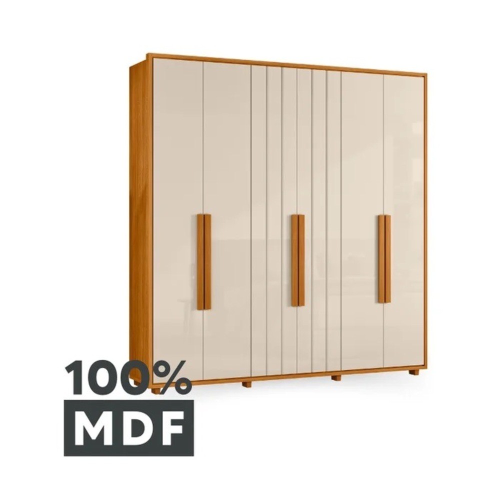 Guarda-Roupa Casal Veronese Frisado 6 Portas com Espelho 100% MDF Madetec - Cinamomo/Off White