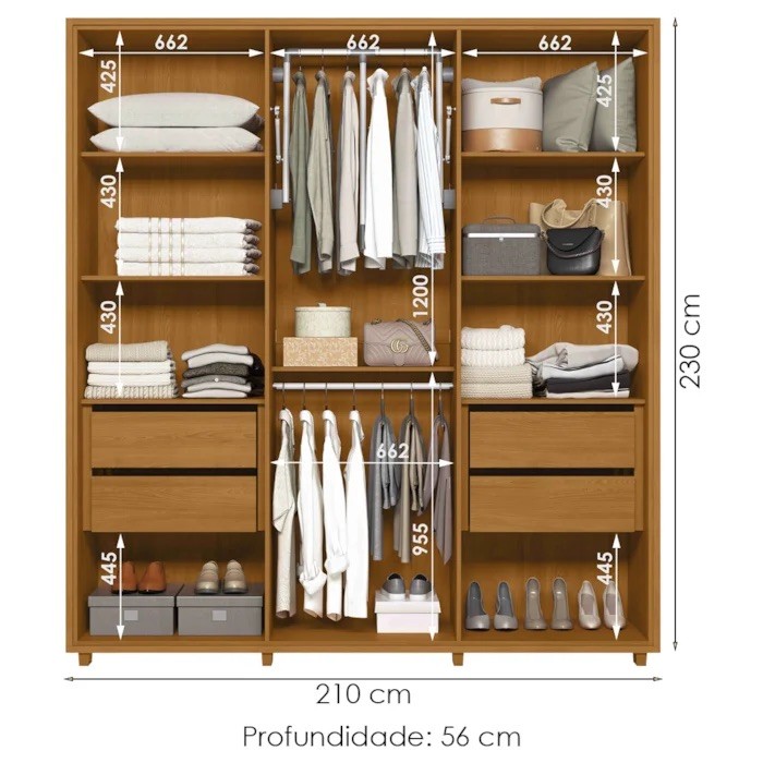 Guarda-Roupa Casal Matisse 6 Portas com Espelho 100% MDF Madetec - Cinamomo/Off White Guarda-Roupa Casal Matisse 6 Portas com Espelho 100% MDF Madetec - Cinamomo/Off White
