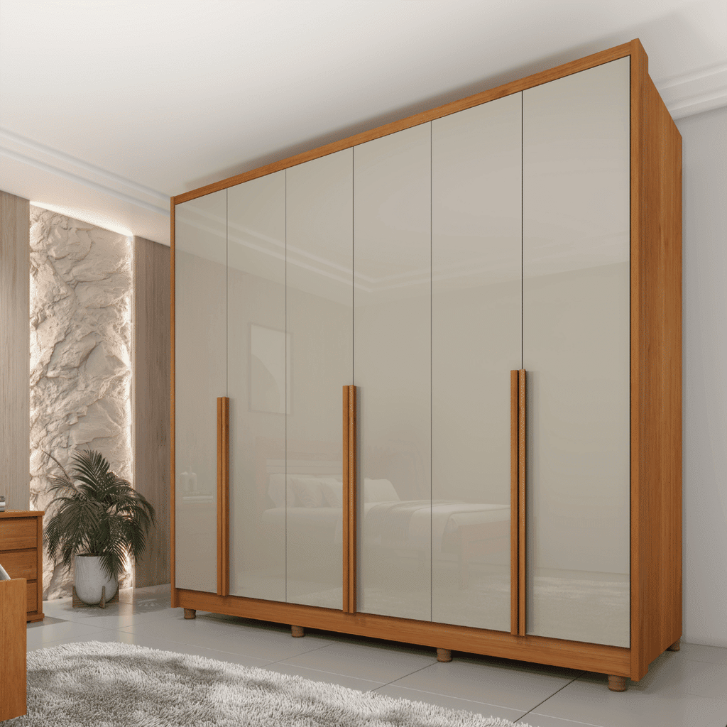 Guarda-Roupa Casal em MDF 6 Portas Tcil Móveis Fortuna C/ Pés Cinamomo/Off White Guarda-Roupa Casal em MDF 6 Portas Tcil Móveis Fortuna C/ Pés Cinamomo/Off White