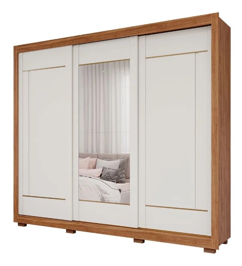 Guarda-roupa 3 Portas 6 Gavetas Correr Panan Valentina com Espelho - Cinamomo/Off White