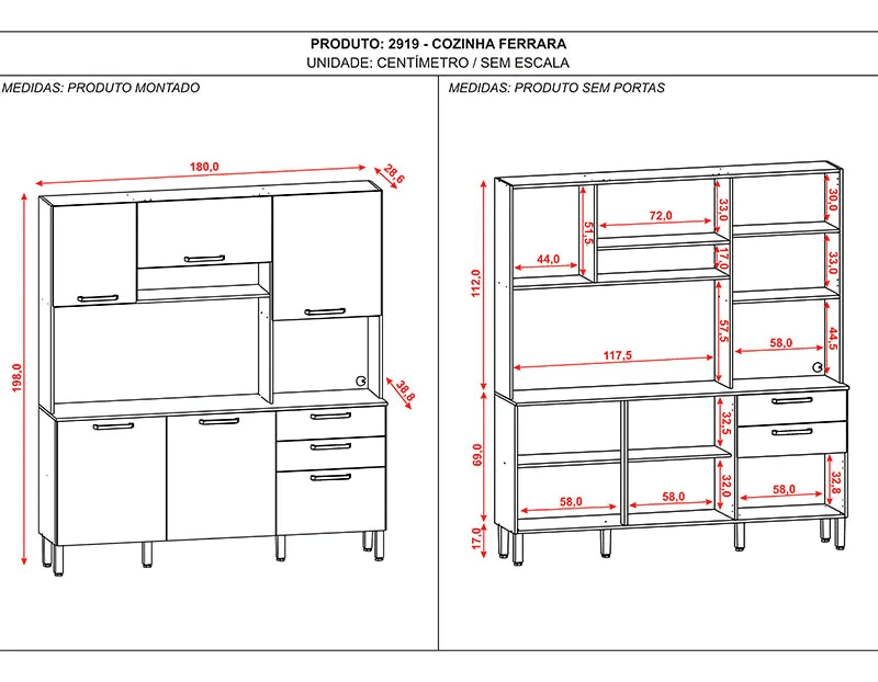 Armário de Cozinha Kit 6 Portas 2 Gavetas Ferrara Kits Paraná Freijo/Soft