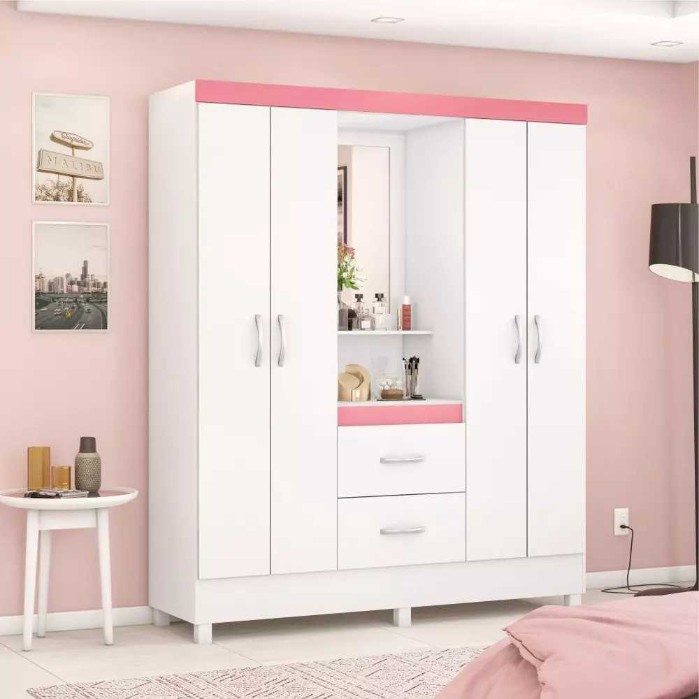 Guarda-Roupa Solteiro Com Espelho Capelinha Lord Branco/Rosa Flex  - Demobile Guarda-Roupa Solteiro Com Espelho Capelinha Lord Branco/Rosa Flex  - Demobile
