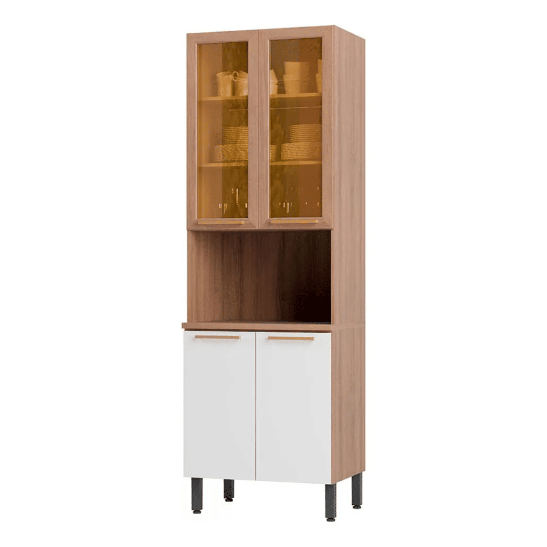 Paneleiro Torre Quente Avelã 70 cm 4 Portas, 02 com Vidro Reflecta, Telasul - Mel/Branco Paneleiro Torre Quente Avelã 70 cm 4 Portas, 02 com Vidro Reflecta, Telasul - Mel/Branco