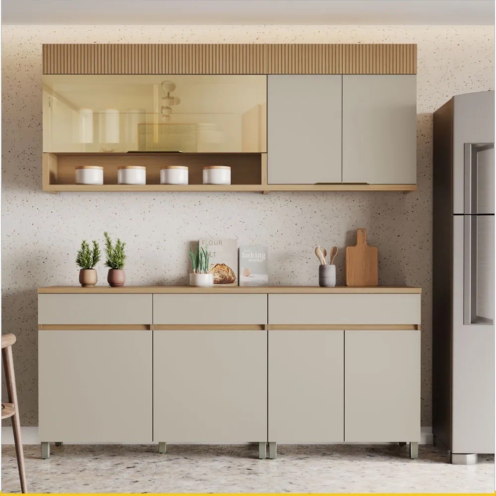 Cozinha Realeza Premium 200cm 4 Peças 6 Portas 1 Porta Vidro 3 Gavetas 100% MDF Nesher Cozinha Realeza Premium 200cm 4 Peças 6 Portas 1 Porta Vidro 3 Gavetas 100% MDF Nesher
