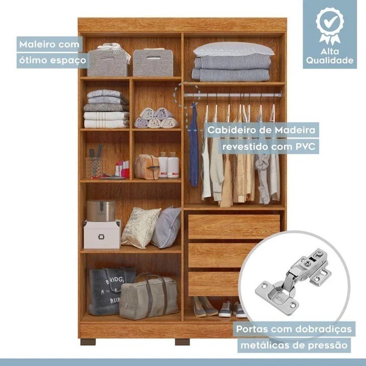 Guarda-roupa Flórida 4 Portas 3 Gavetas 141cm MDF Tigus - Amadeirado/Off White
