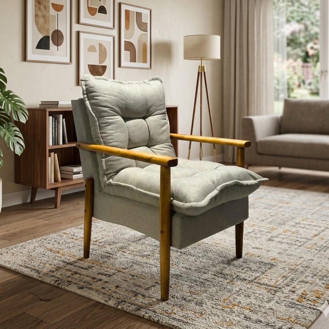 Poltrona Decorativa JF em 100% Fibra Siliconada Pés em Madeira - Tecido 167 Linho Bege