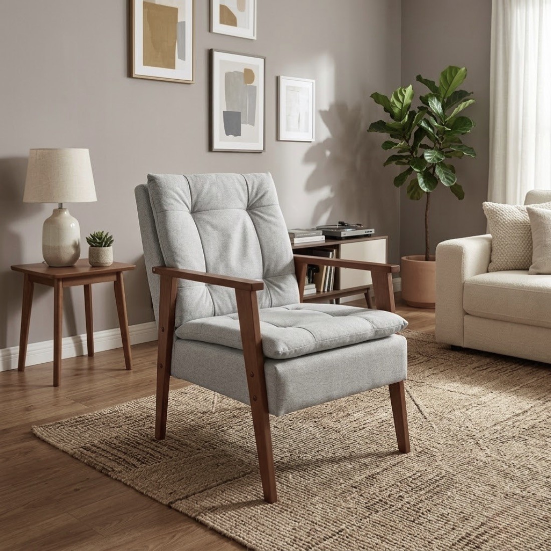 Poltrona Decorativa AZ Linho Cinza 184 Fibra Siliconada Pés Madeira