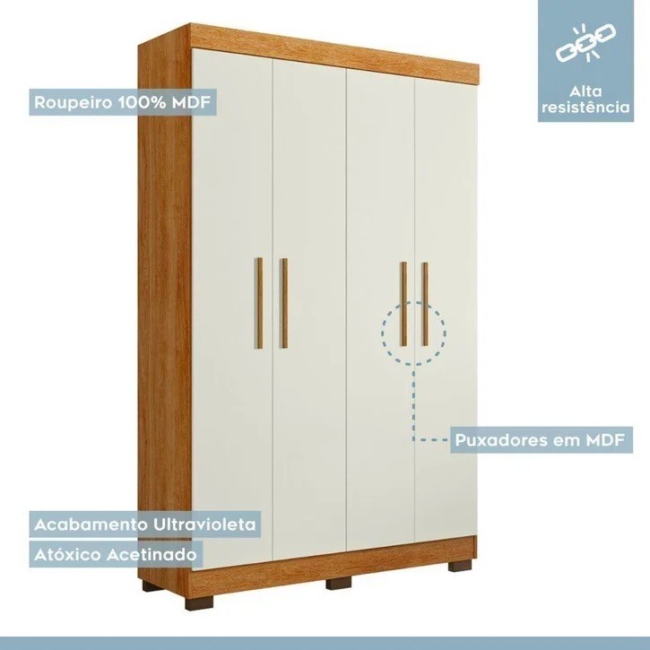 Guarda-roupa Flórida 4 Portas 3 Gavetas 141cm MDF Tigus - Amadeirado/Off White