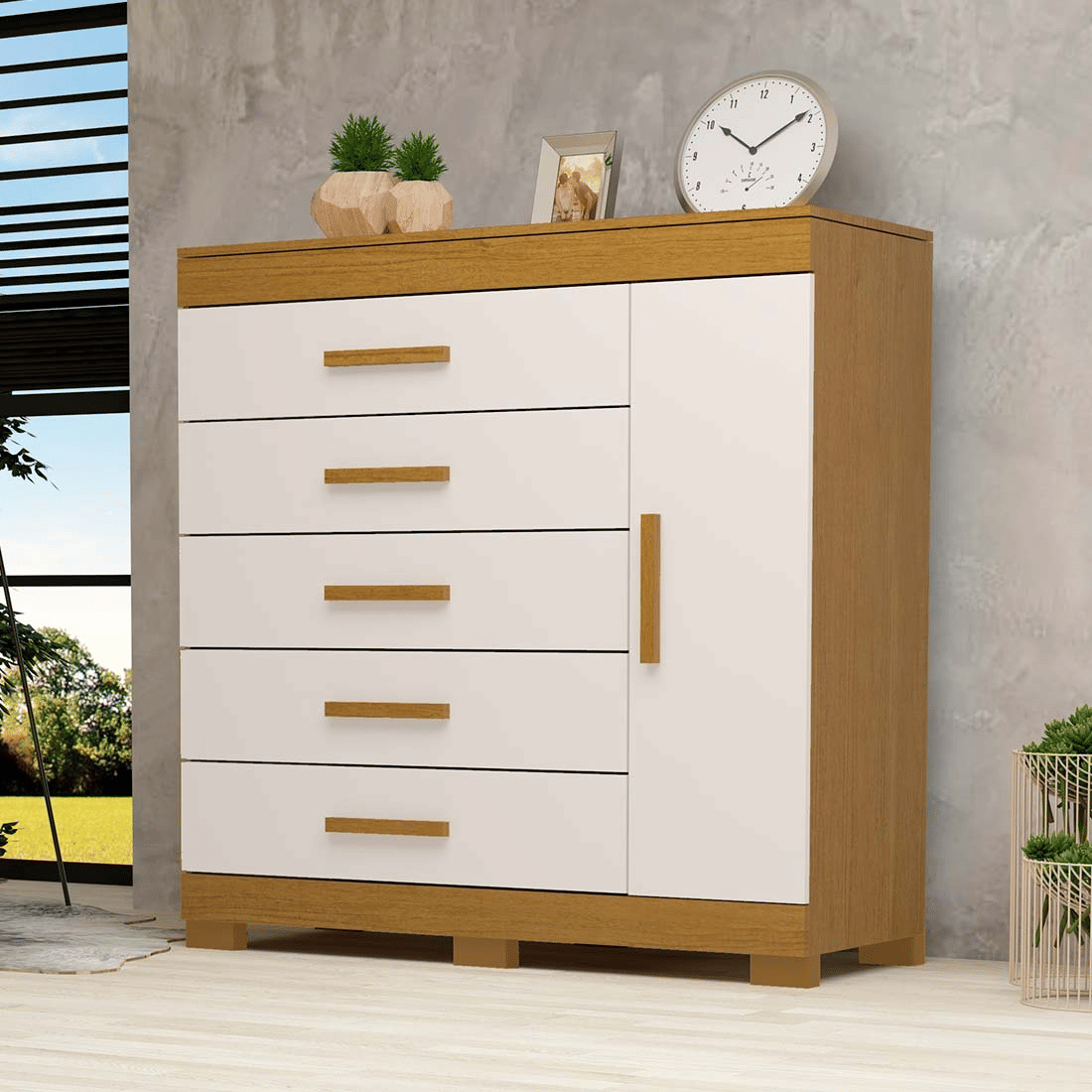 Cômoda em MDF 5 gavetas com Sapateira ACP Móveis Alissa Cinamomo/Off White Cômoda em MDF 5 gavetas com Sapateira ACP Móveis Alissa Cinamomo/Off White