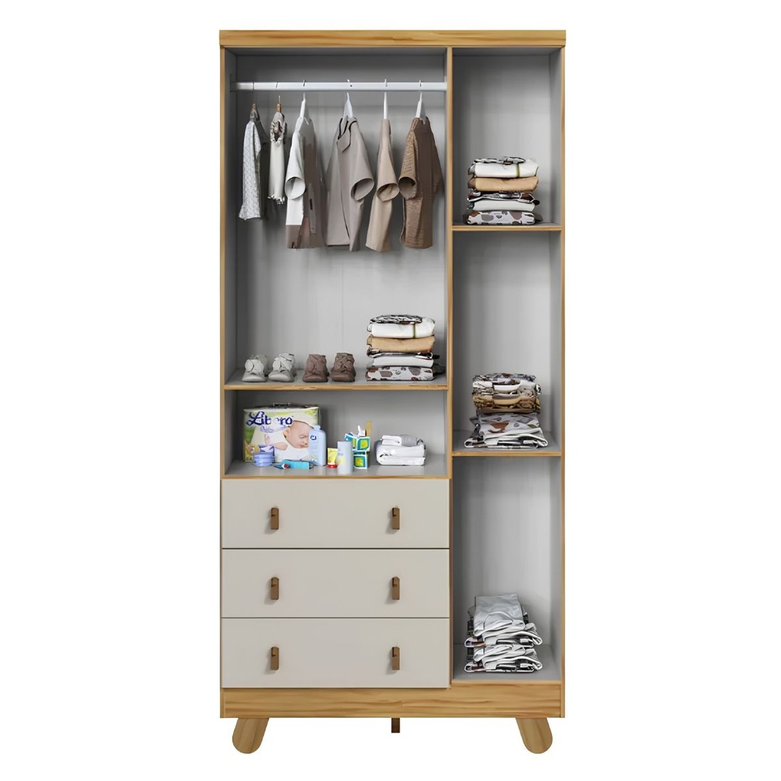 Guarda-roupa 3 Portas Abrir 100% MDF 3 Gavetas Peroba Pingo New Tela - Amêndoa/Off White
