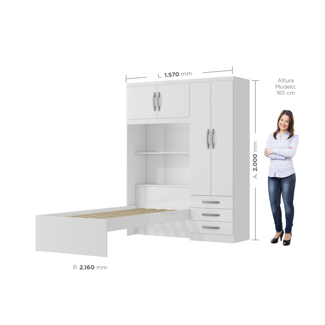 Guarda-Roupa Solteiro Com Cama 4 Portas MX Móveis Lisboa Branco/Rosa-Flex Guarda-Roupa Solteiro Com Cama 4 Portas MX Móveis Lisboa Branco/Rosa-Flex