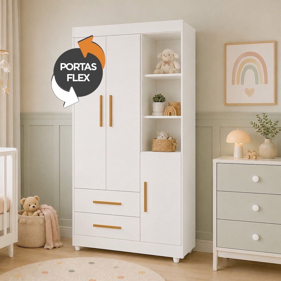 Guarda-roupa Infantil Flocos 100% MDF 3 Portas 2 Gavetas 90cm Tigus