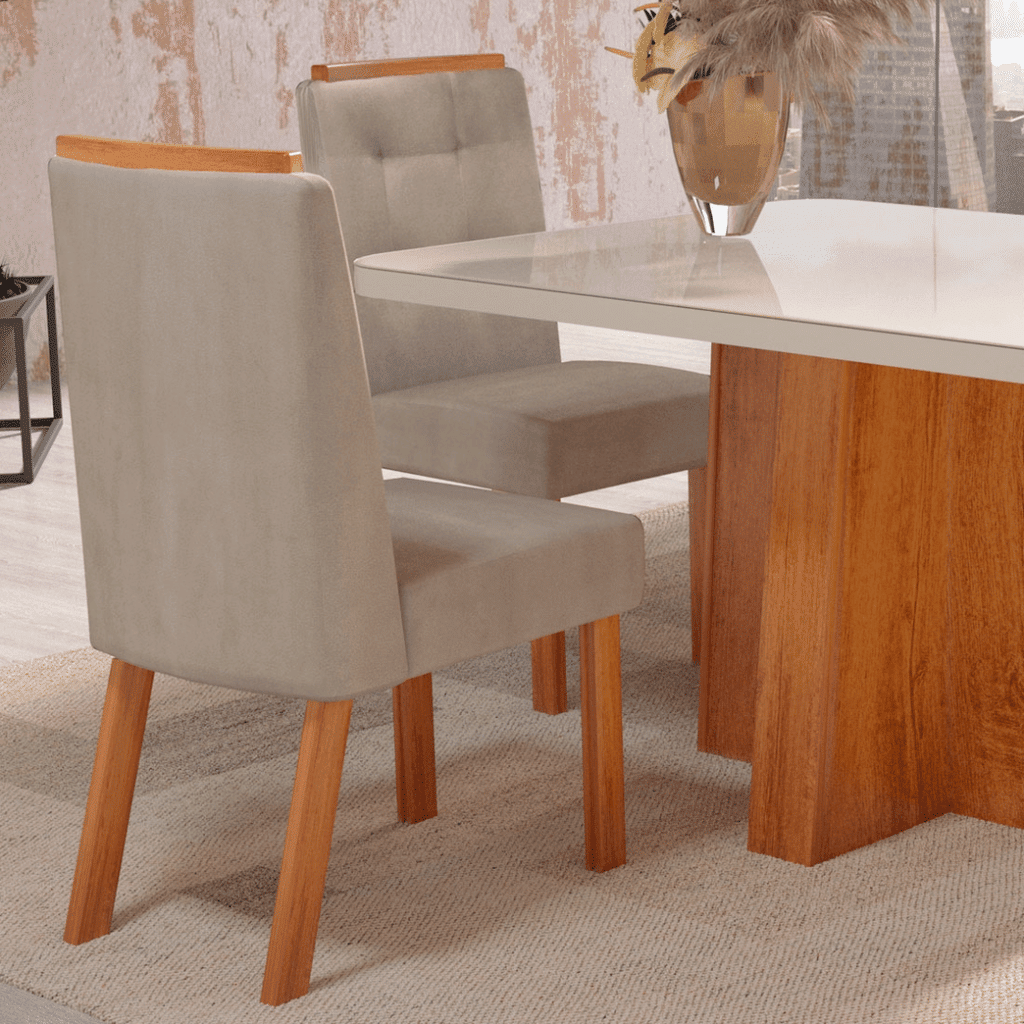 Conjunto Mesa Space  120x80 Tampo de Vidro com 04 cadeiras Fly Luxo Nature/Off White - Bom Pastor  Conjunto Mesa Space  120x80 Tampo de Vidro com 04 cadeiras Fly Luxo Nature/Off White - Bom Pastor