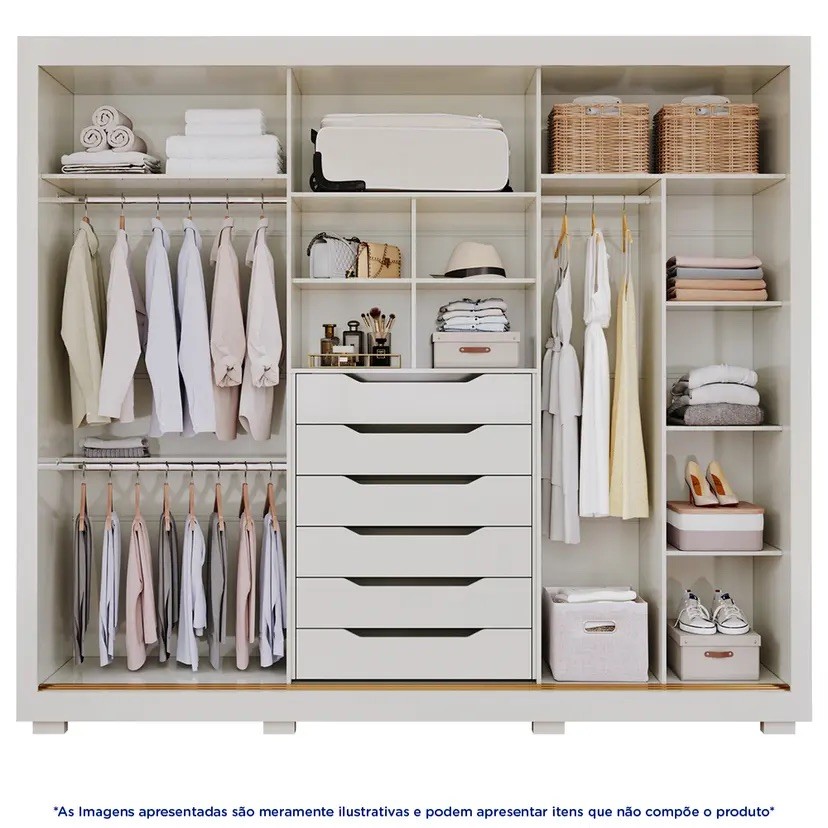 Guarda-roupa 100% MDF 3 Portas 6 Gavetas Panan Valentina com Espelho - Off White