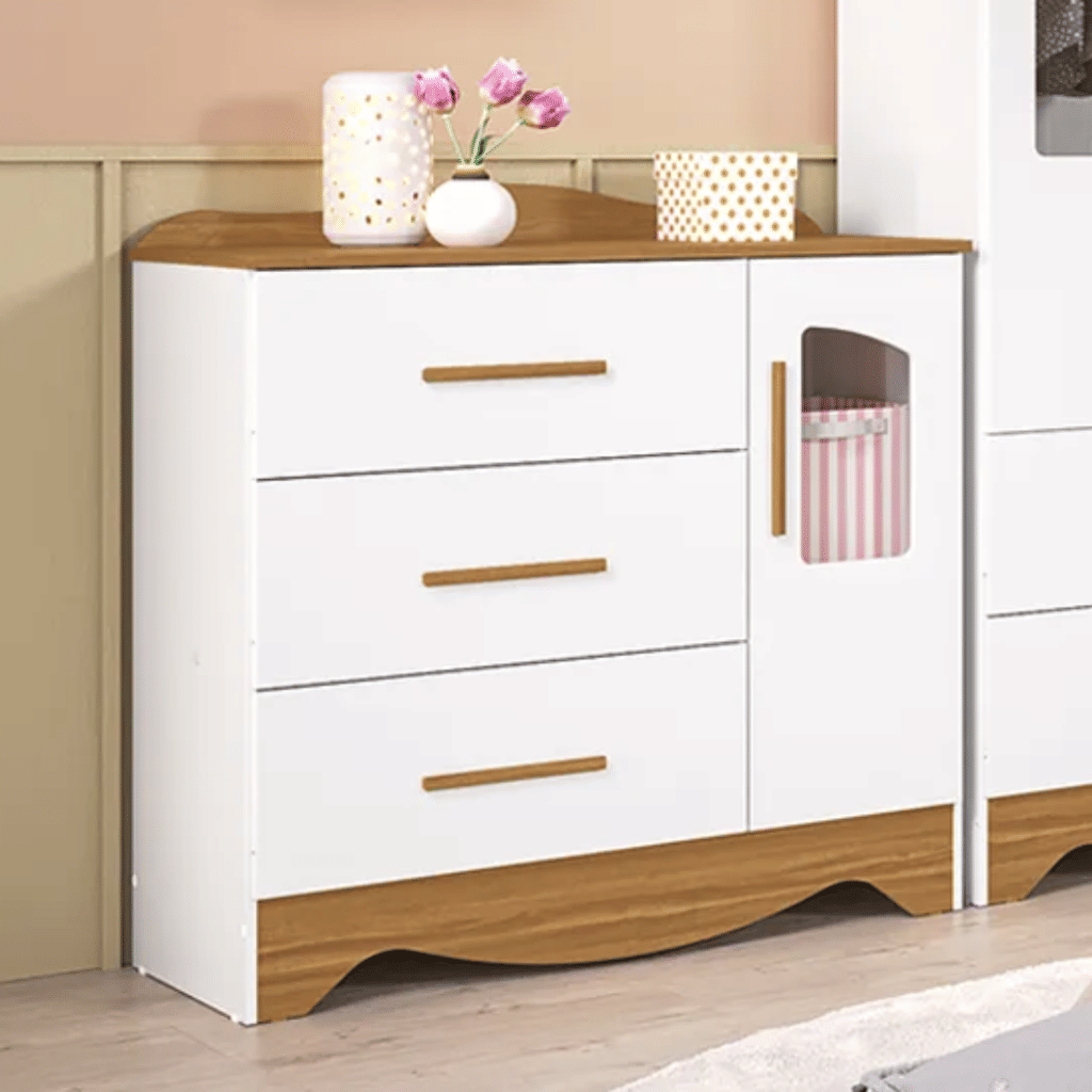 Cômoda para Quarto Infantil 100% MDF 3 Gavetas 1 Porta Peroba Lisi Branco/Amendoa Cômoda para Quarto Infantil 100% MDF 3 Gavetas 1 Porta Peroba Lisi Branco/Amendoa