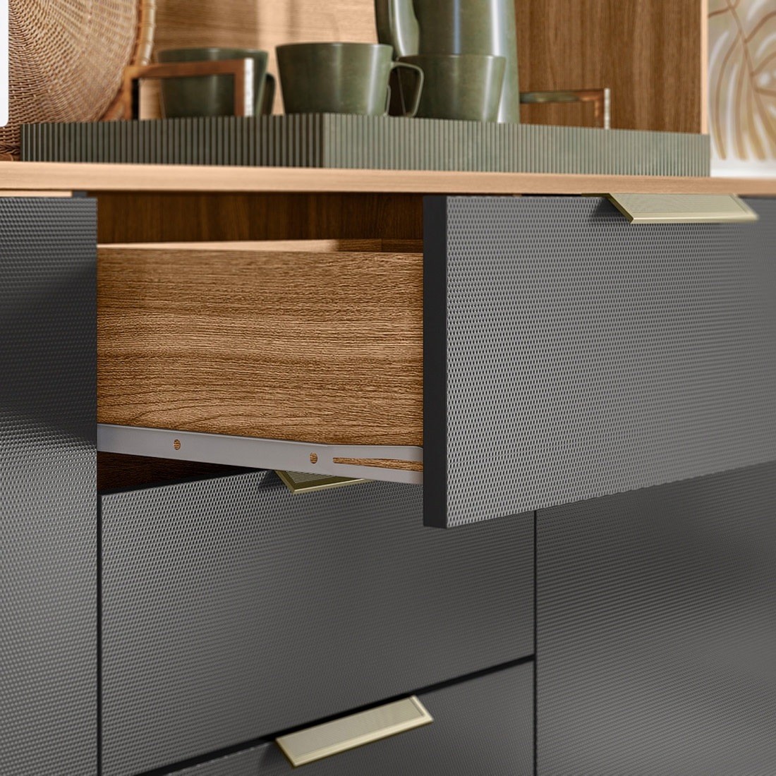 Kit Cozinha Compacta Pitaya 07 Portas e 2 Gavetas Demóbile - Amendoa/Grafito Texturado Kit Cozinha Compacta Pitaya 07 Portas e 2 Gavetas Demóbile - Amendoa/Grafito Texturado