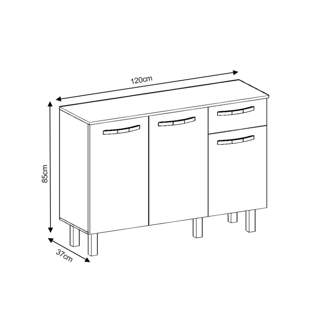 Balcão de Cozinha 3 Portas 1 Gaveta, Mila 120cm - Fiorello - Branco Balcão de Cozinha 3 Portas 1 Gaveta, Mila 120cm - Fiorello - Branco