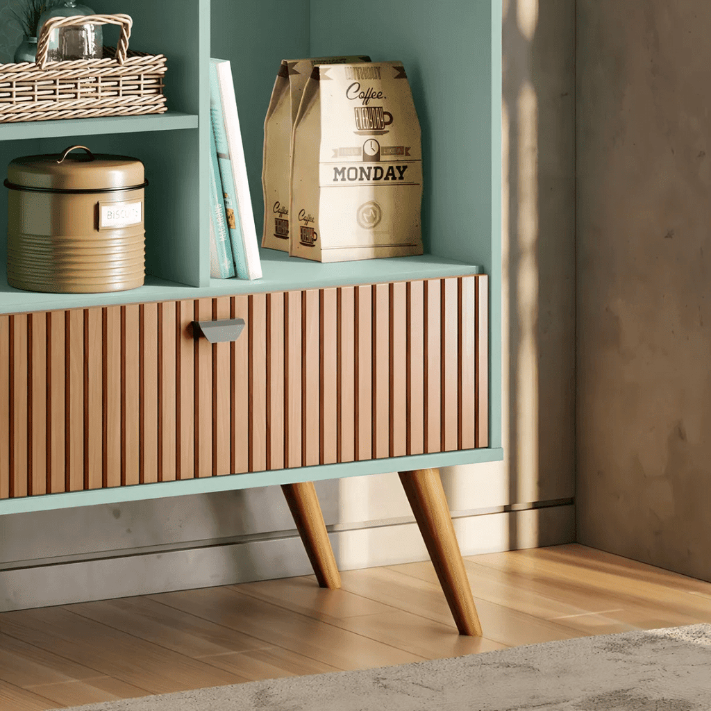 Aparador para Sala Cantinho do Café Rubi 1 Porta 3 Nichos Pés Retrô Cinza Menta/Tauari 3D Lukaliam Aparador para Sala Cantinho do Café Rubi 1 Porta 3 Nichos Pés Retrô Cinza Menta/Tauari 3D Lukaliam