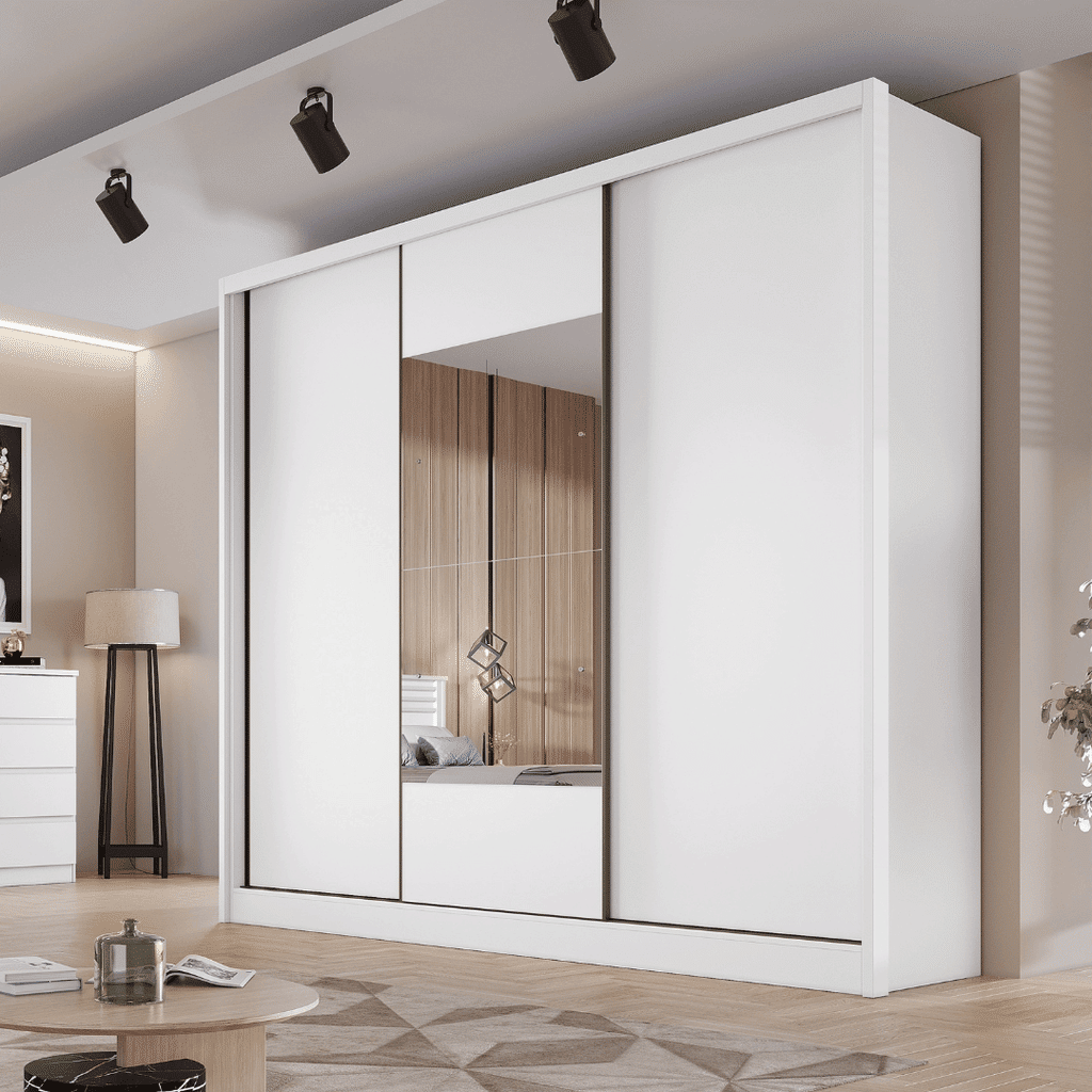 Guarda Roupa Casal com Espelho 3 Portas 6 Gavetas 100% MDF Arezzo Branco - Novo Horizonte