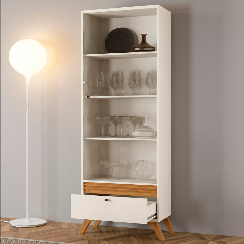 Cristaleira 1 Porta de Vidro 1 Gaveta Sevilha Off White/Naturalle - Mavaular Cristaleira 1 Porta de Vidro 1 Gaveta Sevilha Off White/Naturalle - Mavaular