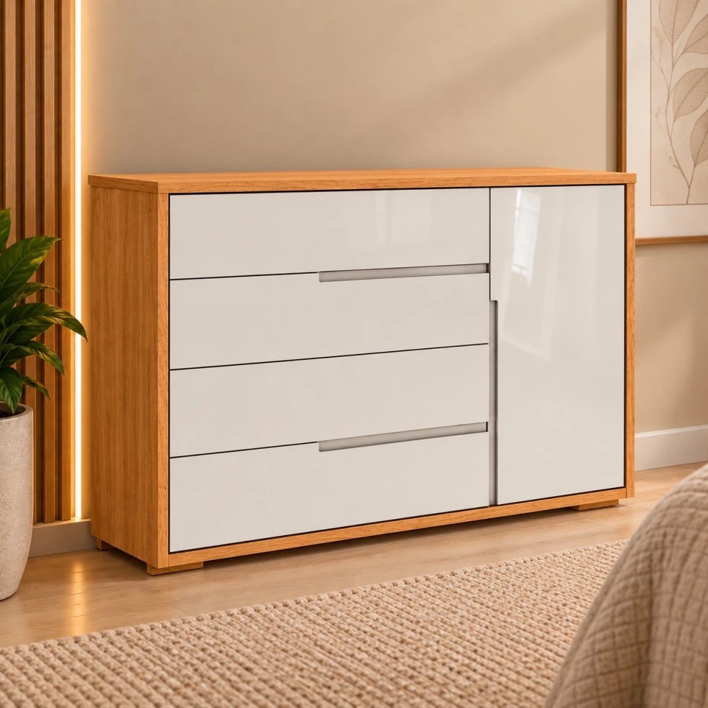 Cômoda Sapateira 100% MDF Robel Concept 4 Gavetas 1 Porta 136cm - Freijo/Off White Cômoda Sapateira 100% MDF Robel Concept 4 Gavetas 1 Porta 136cm - Freijo/Off White