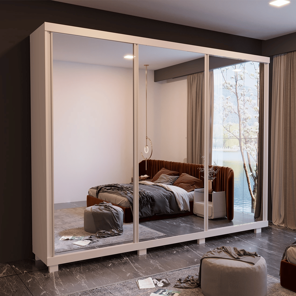 Guarda Roupa Casal Com Espelho 3 Portas de Correr em MDF Maximus Branco - Bom Pastor  Guarda Roupa Casal Com Espelho 3 Portas de Correr em MDF Maximus Branco - Bom Pastor