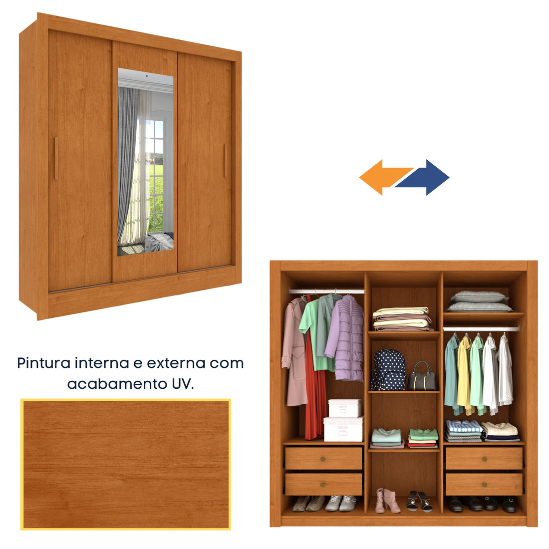 Guarda‑roupa Valencia 3 Portas de Correr com 4 Gavetas – Tcil Móveis – Cinamomo/Off White Guarda‑roupa Valencia 3 Portas de Correr com 4 Gavetas – Tcil Móveis – Cinamomo/Off White