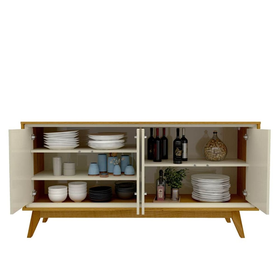 Buffet 160 Requinte 4 Portas 100% MDF Com Pés Madeira Naturale Off Gelius