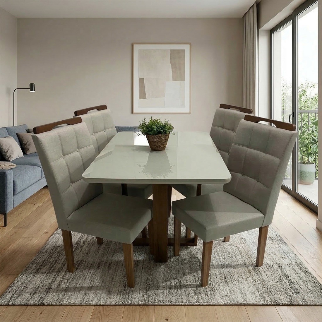 Conjunto de Jantar em Madeira Maciça Safira com 4 Cadeiras Pérola - Linho Bege Conjunto de Jantar em Madeira Maciça Safira com 4 Cadeiras Pérola - Linho Bege