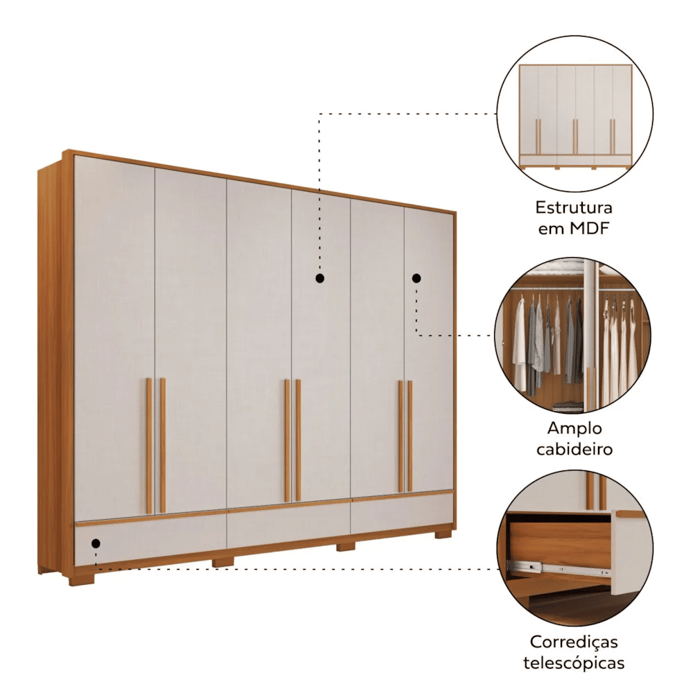 Guarda Roupa Casal 6 Portas 3 Gavetas NT 6035 Notável Móveis Freijó/Off White Guarda Roupa Casal 6 Portas 3 Gavetas NT 6035 Notável Móveis Freijó/Off White