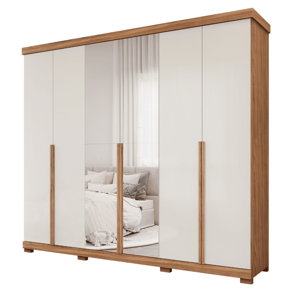 Guarda-Roupa Casal com Espelho 6 Portas em MDF Panan Móveis Guarapari Cinamomo/Off White Guarda-Roupa Casal com Espelho 6 Portas em MDF Panan Móveis Guarapari Cinamomo/Off White