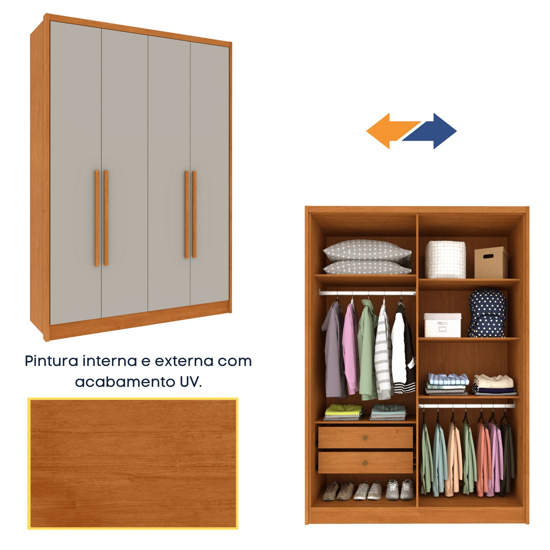 Guarda‑Roupa 4 Portas 2 Gavetas Dinamarca Cinamomo/Off White - Tcil Móveis Guarda‑Roupa 4 Portas 2 Gavetas Dinamarca Cinamomo/Off White - Tcil Móveis