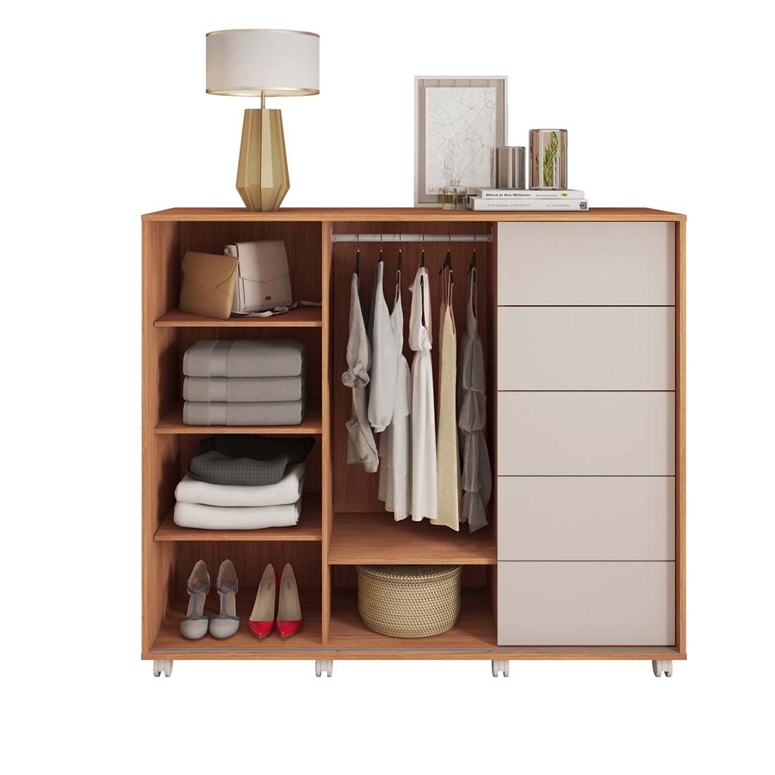Cômoda Pegasus 2 Portas 5 Gavetas com Corrediças Telescópicas 136cm Caemmun- Freijo/Off White