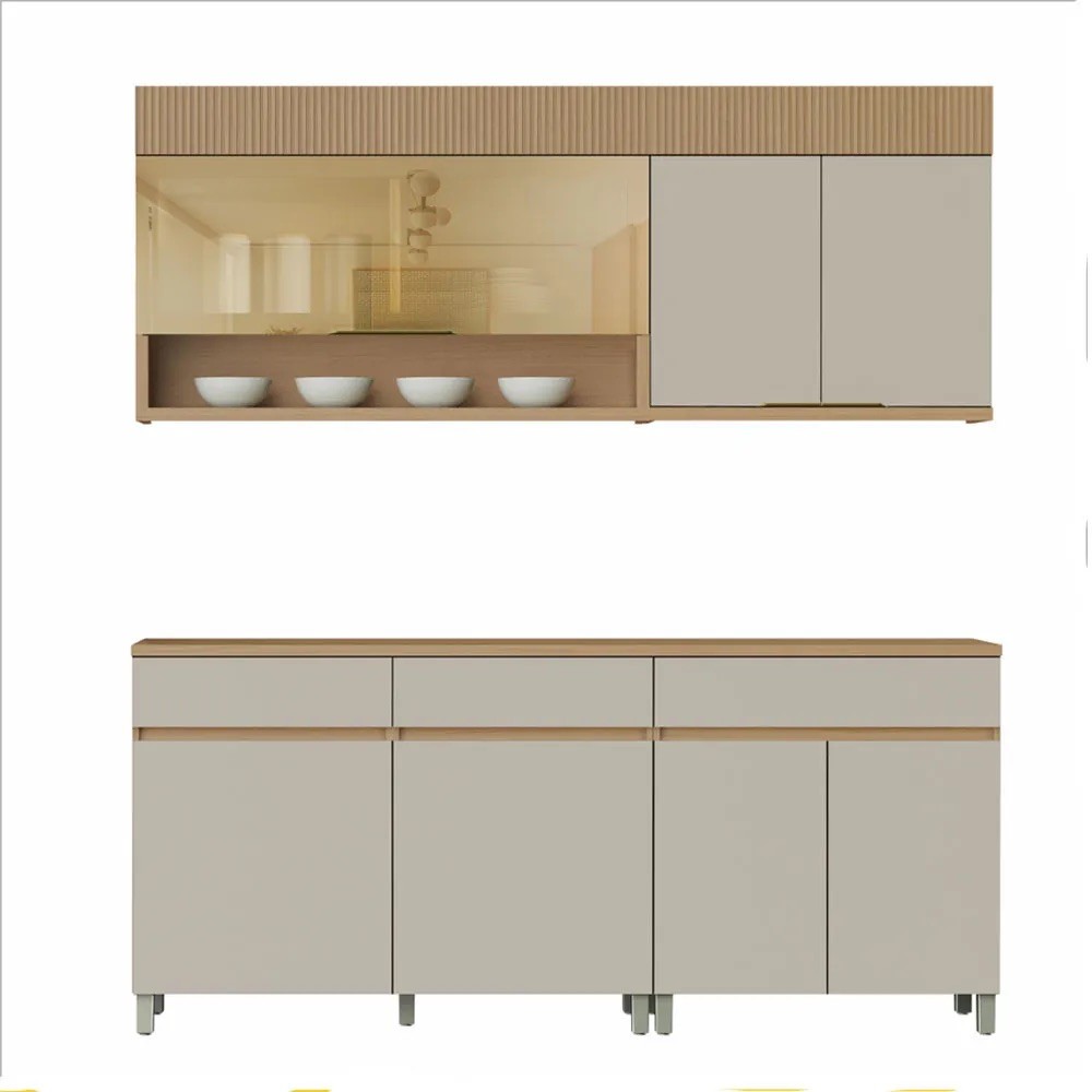 Cozinha Realeza Premium 200cm 4 Peças 6 Portas 1 Porta Vidro 3 Gavetas 100% MDF Nesher Cozinha Realeza Premium 200cm 4 Peças 6 Portas 1 Porta Vidro 3 Gavetas 100% MDF Nesher