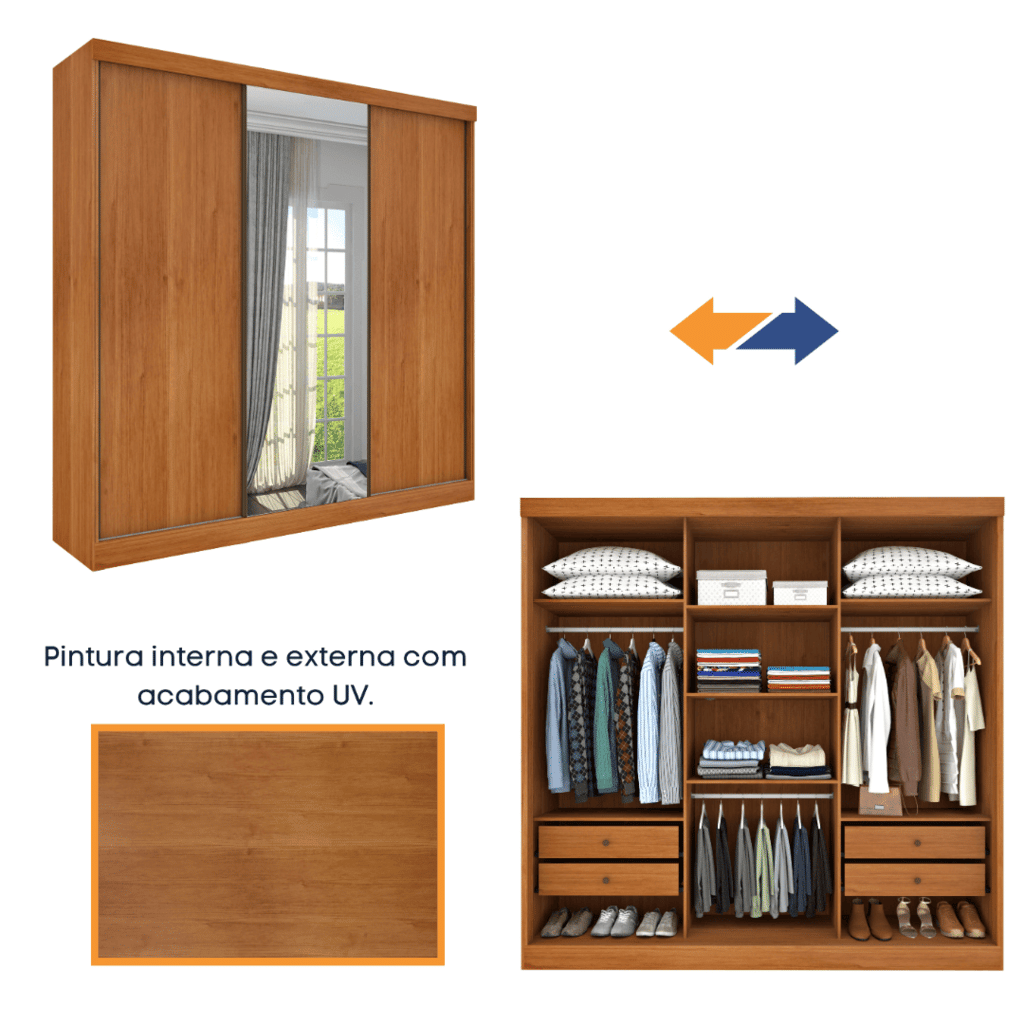 Guarda-Roupa Casal Com Espelho 3 Portas de Correr Tcil Móveis Dacar Cinamomo/Off White Guarda-Roupa Casal Com Espelho 3 Portas de Correr Tcil Móveis Dacar Cinamomo/Off White