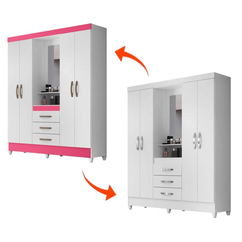 Guarda Roupa Solteiro 4 Portas com Espelho 3 Gavetas Capri Branco/Rosa - Moval Guarda Roupa Solteiro 4 Portas com Espelho 3 Gavetas Capri Branco/Rosa - Moval