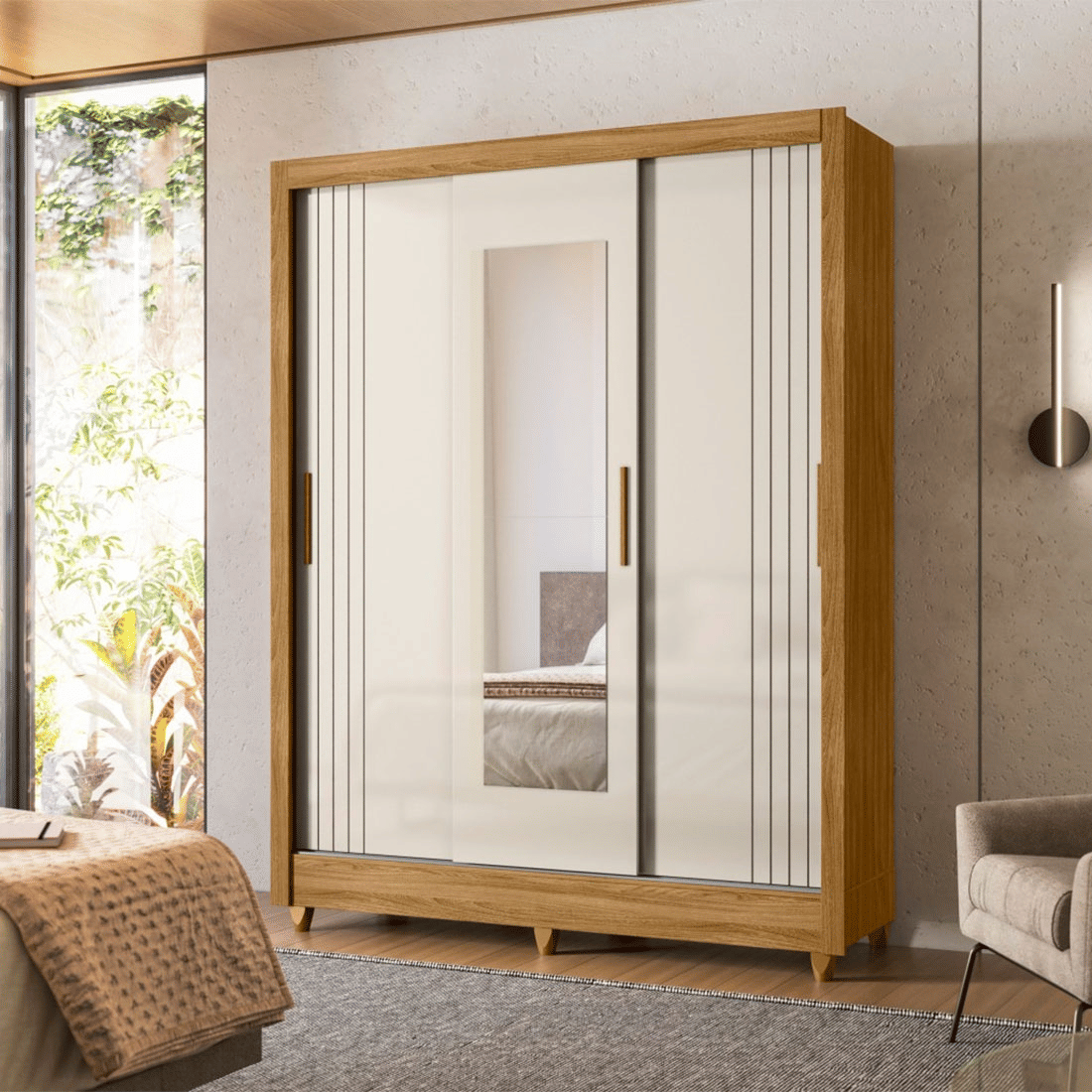 Guarda-Roupa com Espelho 3 Portas de Correr Bolívia Freijó/Off White Frisado - Moval Guarda-Roupa com Espelho 3 Portas de Correr Bolívia Freijó/Off White Frisado - Moval