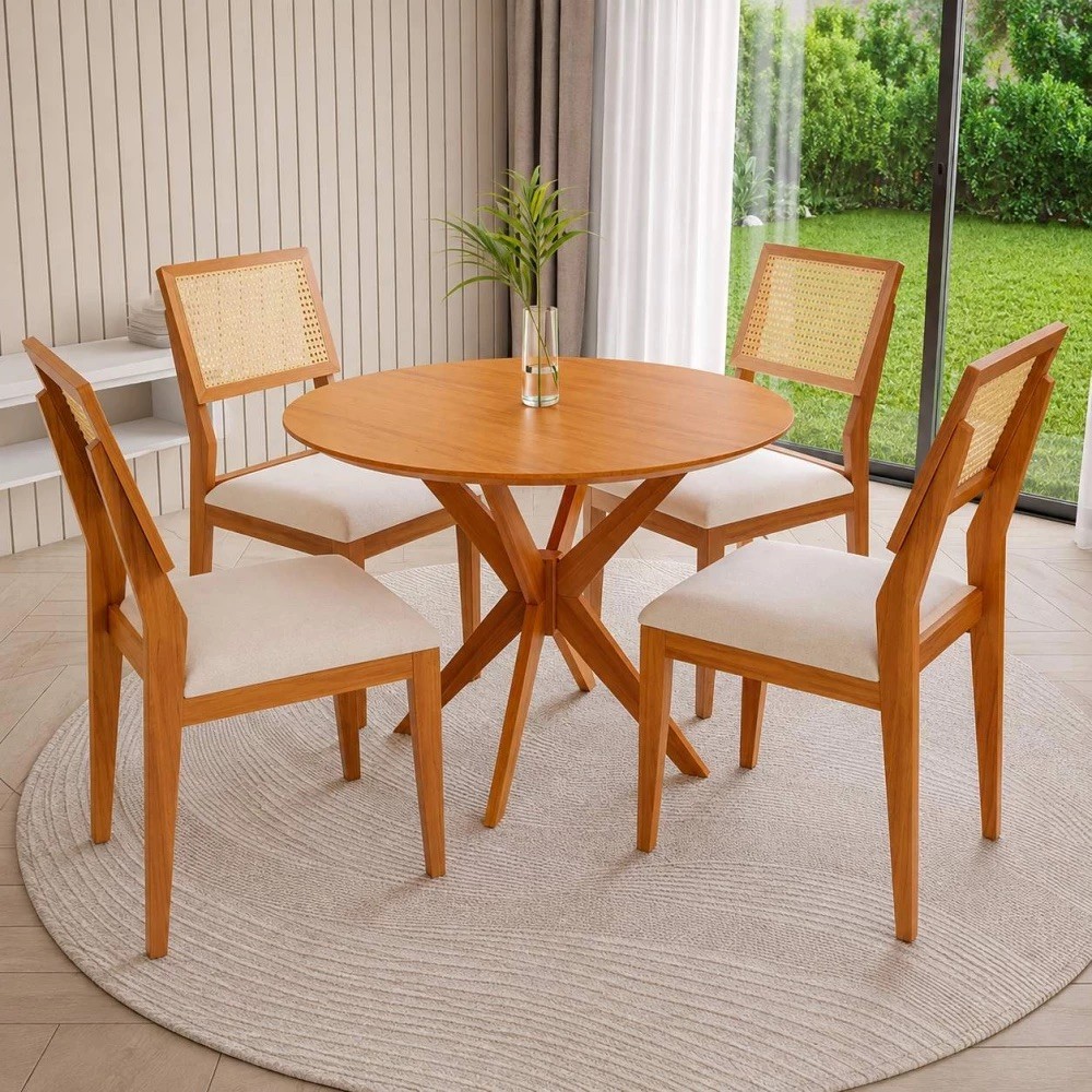 Conjunto Mesa 4 Cadeiras Agn Vitória Redonda 90cm Tampo Laminado Madeira