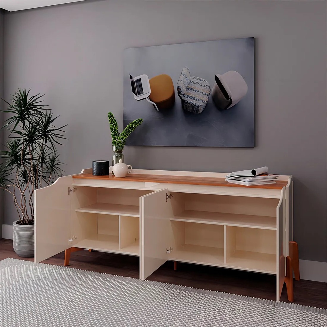 Buffet Studio 1.6m Imcal Off White/Nature 4 Portas 2 Prateleiras Pés Madeira Maciça Bordas Laqueadas