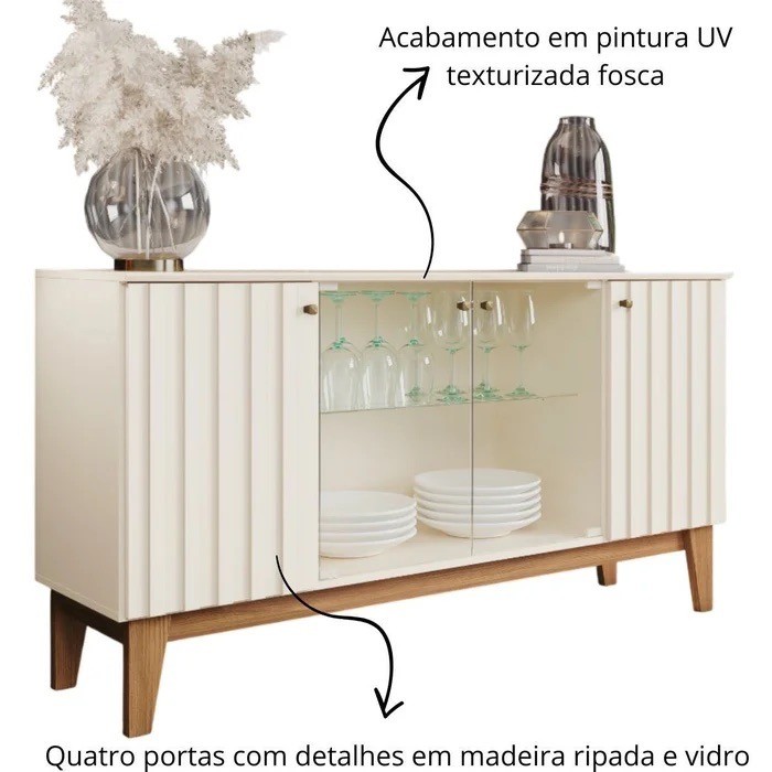 Buffet Aparador Eiffel 4 Portas Henn Off White/Nature - Ripado e Vidro Buffet Aparador Eiffel 4 Portas Henn Off White/Nature - Ripado e Vidro
