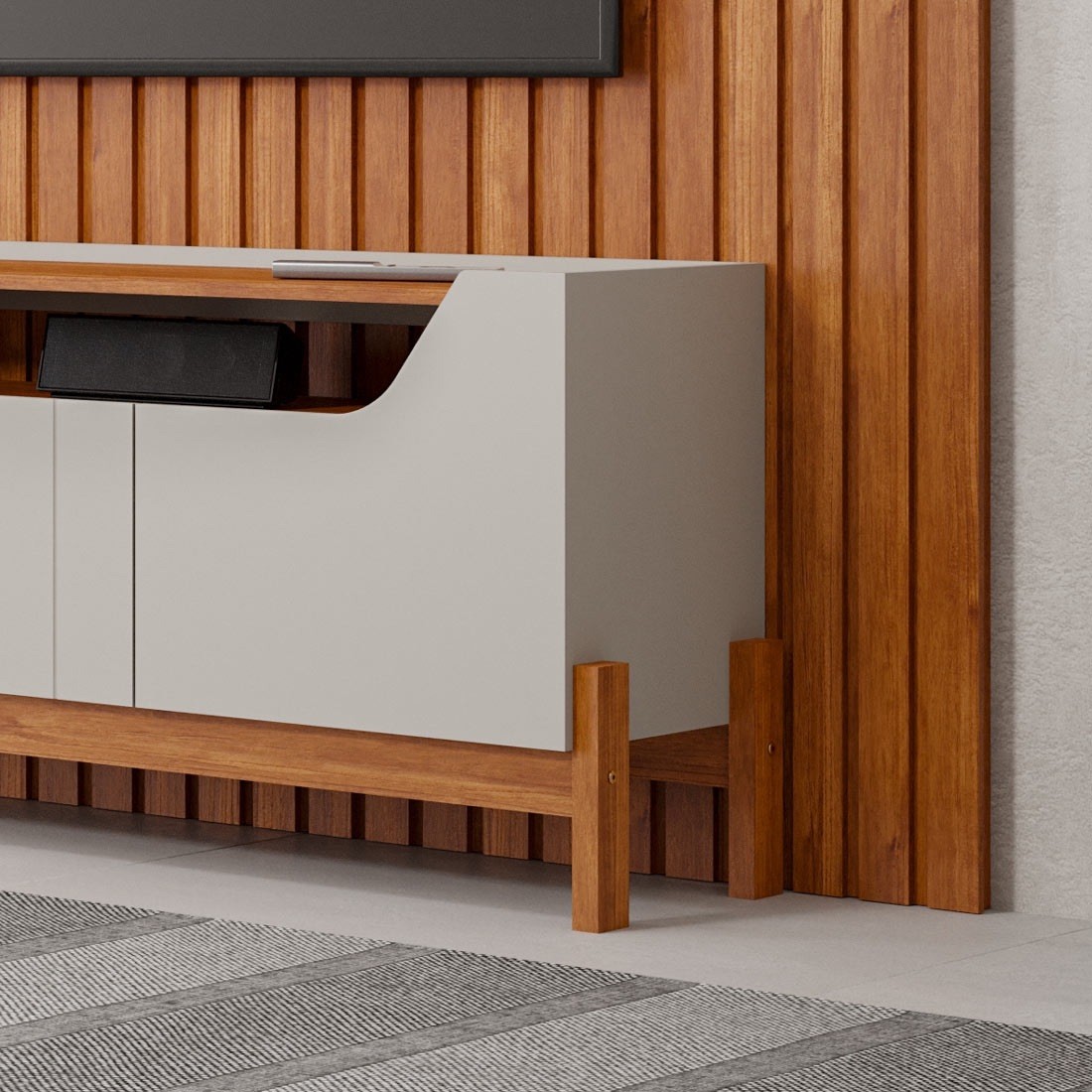 Rack com Painel 2.3 Ripado para TV 75 Polegadas 100% MDF Permóbili Moema Off White/Cinamomo Rack com Painel 2.3 Ripado para TV 75 Polegadas 100% MDF Permóbili Moema Off White/Cinamomo